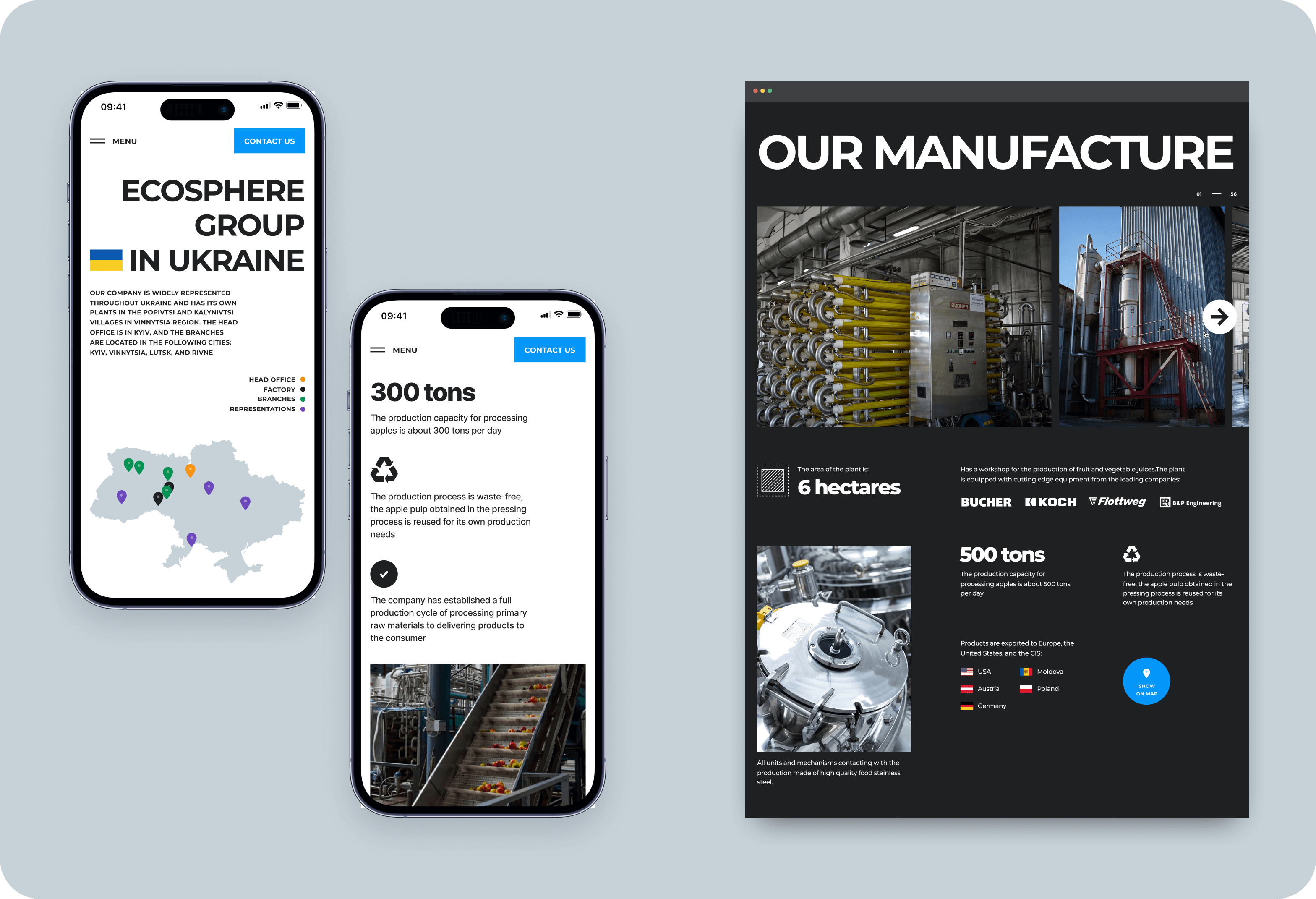 Website development for a group of companies engaged in green energy, juice and water production - goodface.works