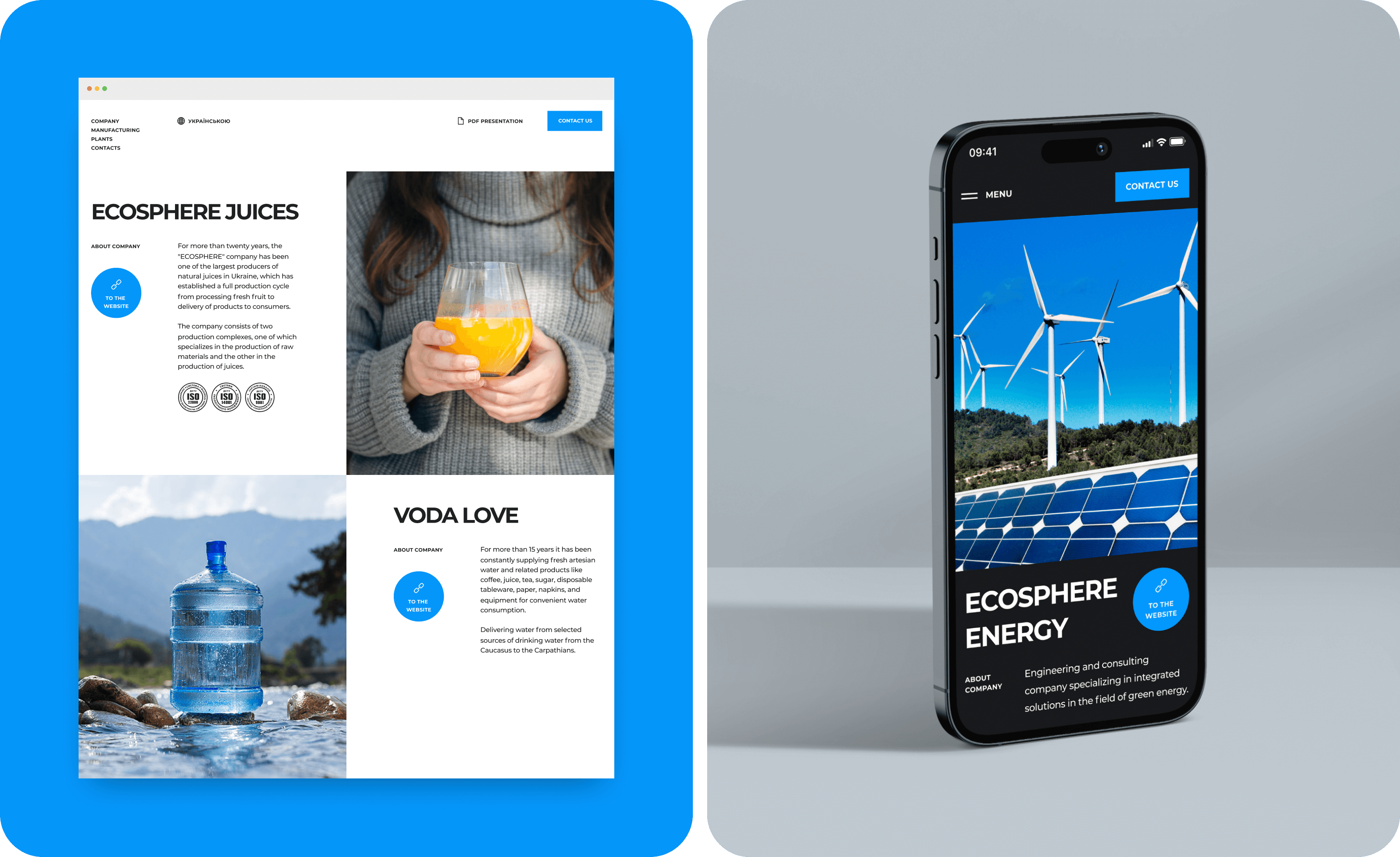 Website development for a group of companies engaged in green energy, juice and water production - goodface.works
