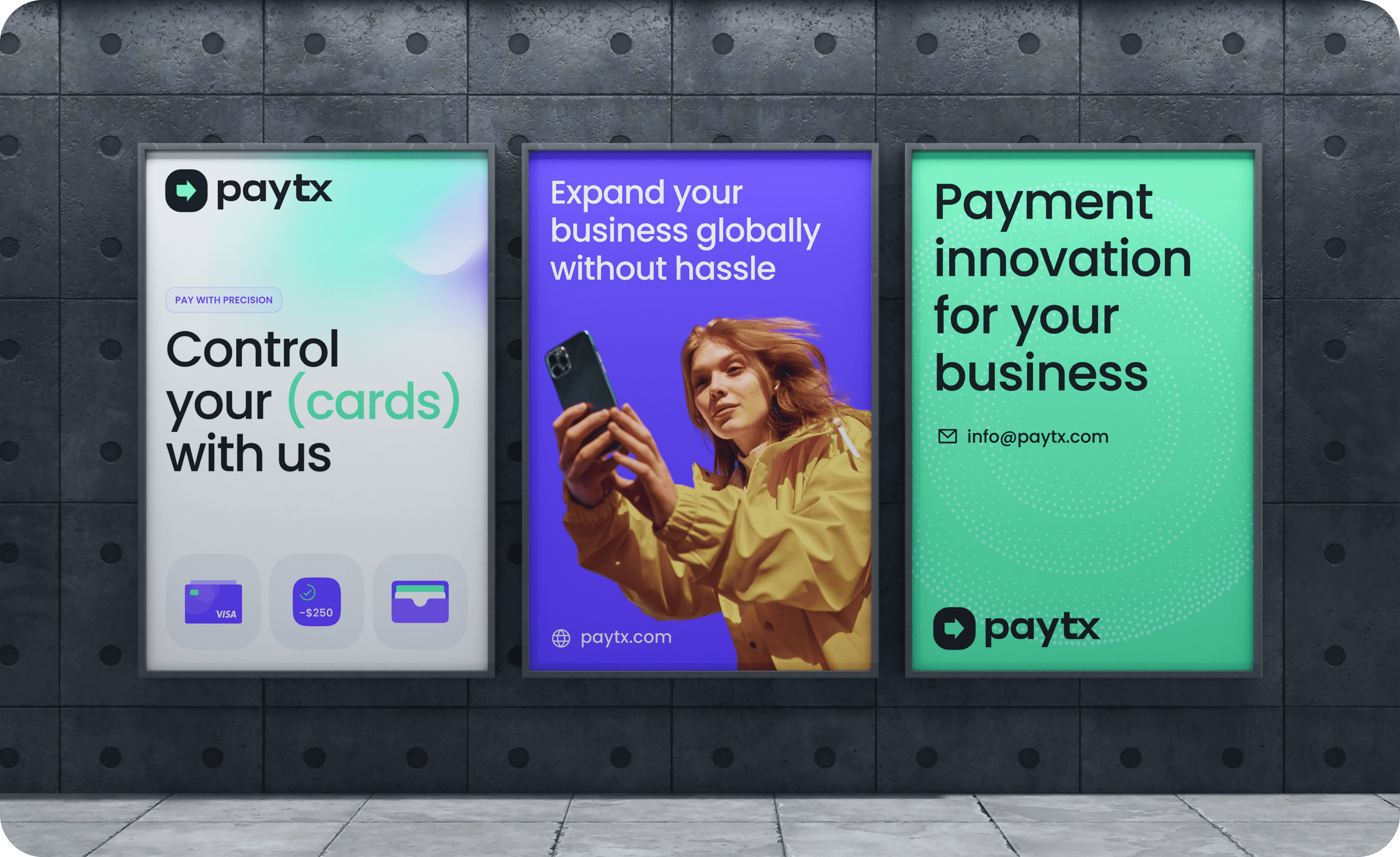 Goodface agency - PayTX case - Posters mockup.png - PayTX project: UX/UI Design, website development, logo, brand identity - api.goodface.works